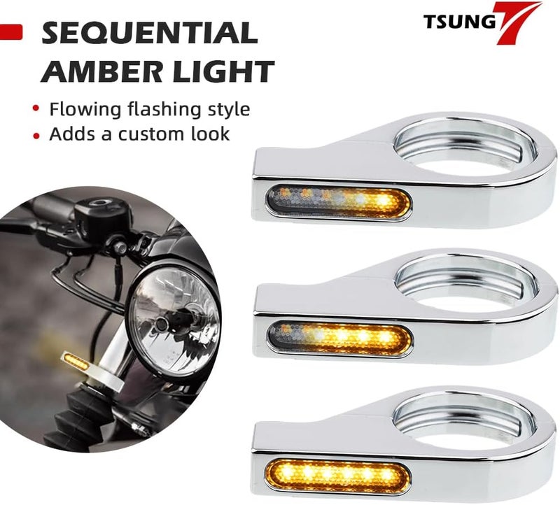 TSUNG Motorcycle Fork Mounted LED Turn Signals 39-41mm Switchback Sequential Amber Light with Bracket Indicater for Cruiser, Street Bike & Touring Motorcycles (Chrome Amber) - Image 4